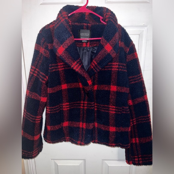 Nwot! Sanctuary Blue Red Plaid Faux Sherpa Fleece Jacket ✨ - Picture 3 of 7